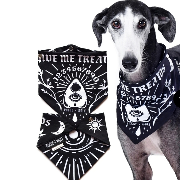 Rogue + Wolf ✦ “Give Me Treatos” Reversible Pet Bandana ✦ Black Ouija Vegan XS/S - Picture 1 of 14